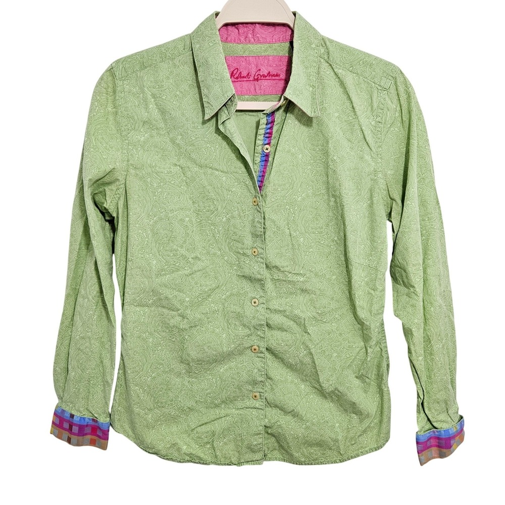 Robert Graham Womens Green Paisley Button Down Shirt Flip Cuff M 8